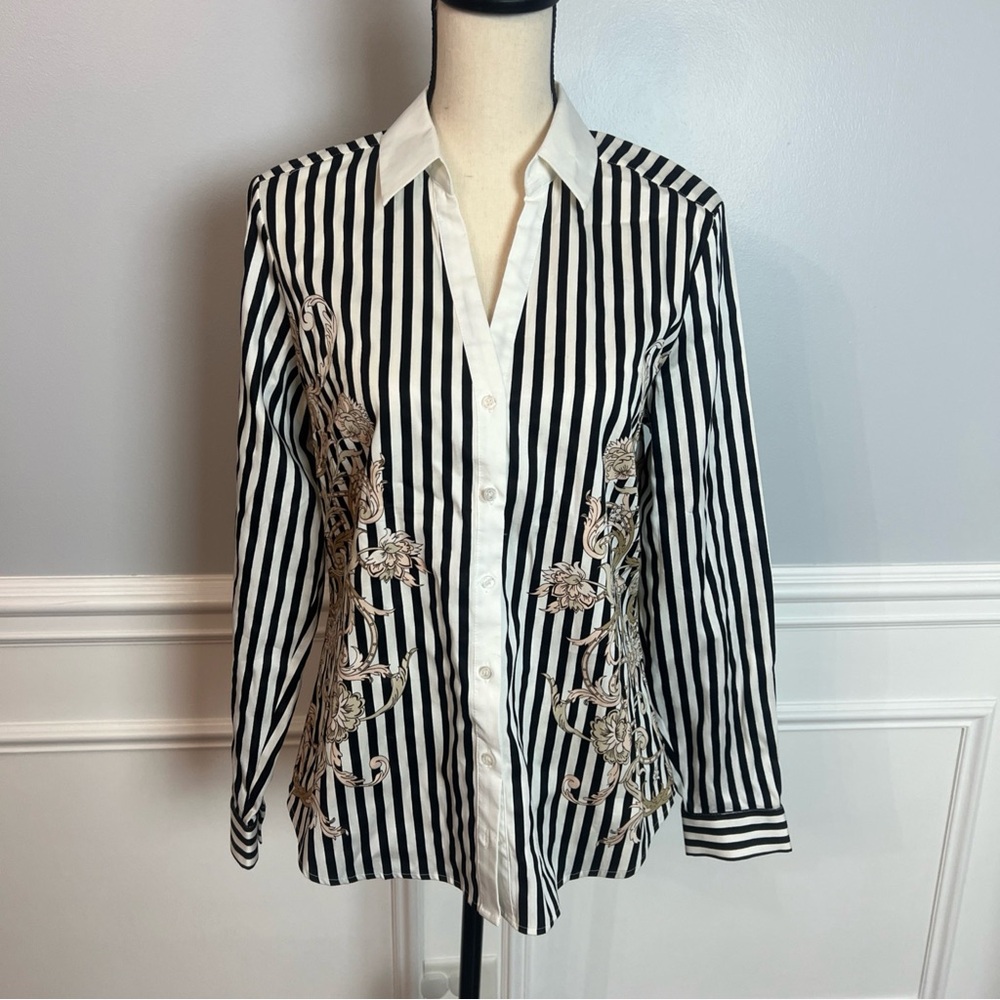 7th Avenue Design Studio New York & Company Buttondown Blouse Black And White M